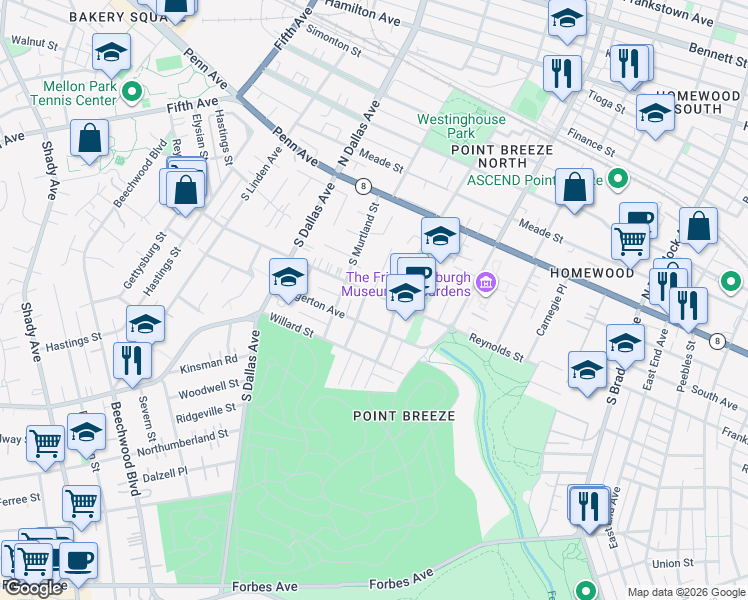 map of restaurants, bars, coffee shops, grocery stores, and more near 7036 Reynolds Street in Pittsburgh