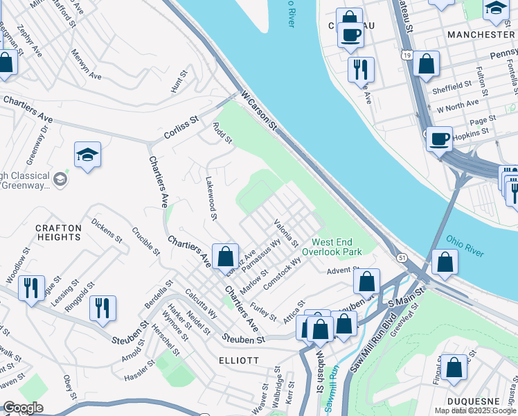 map of restaurants, bars, coffee shops, grocery stores, and more near 1045 Valonia Street in Pittsburgh