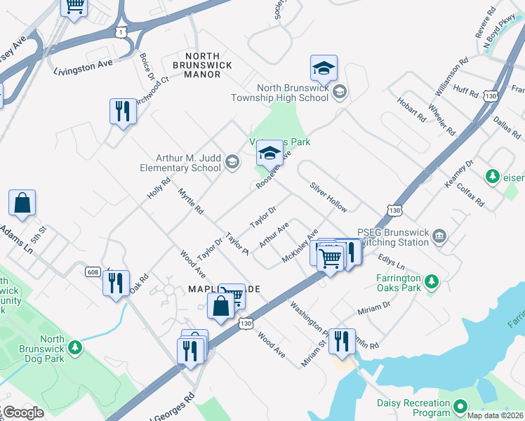 map of restaurants, bars, coffee shops, grocery stores, and more near 1631 Taylor Drive in North Brunswick Township