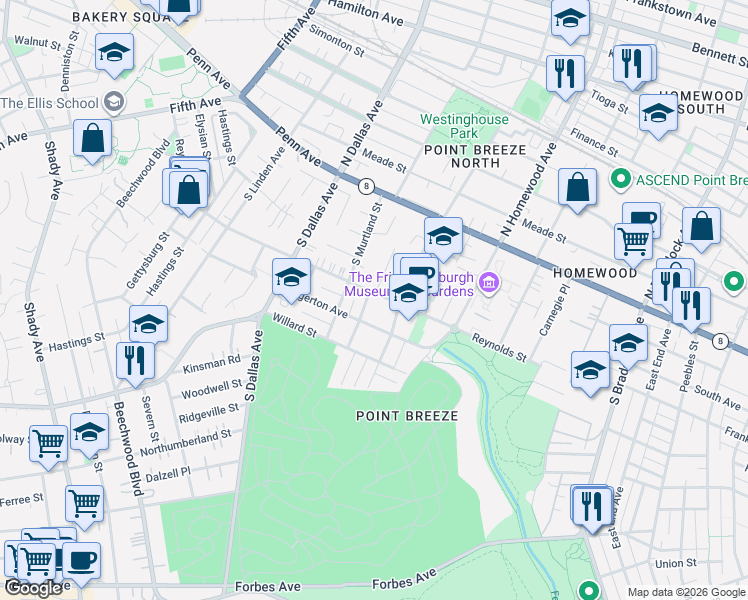 map of restaurants, bars, coffee shops, grocery stores, and more near 7036 Reynolds Street in Pittsburgh