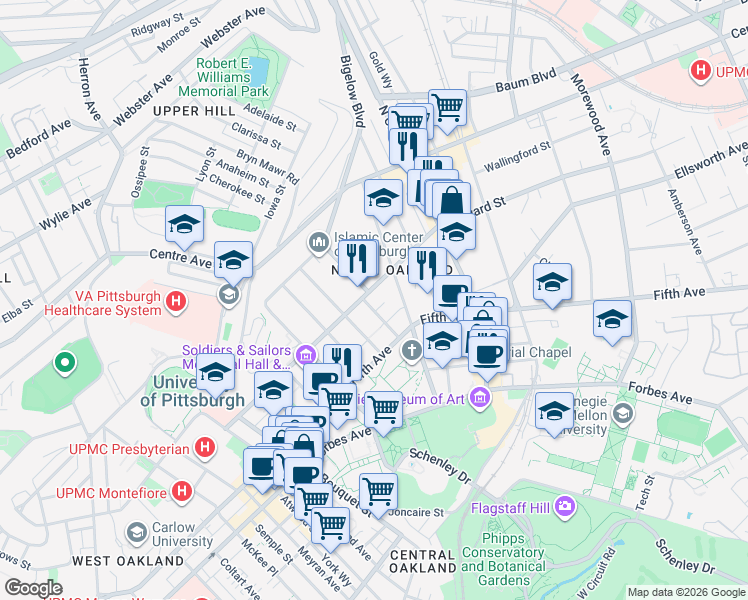 map of restaurants, bars, coffee shops, grocery stores, and more near 159 North Bellefield Avenue in Pittsburgh