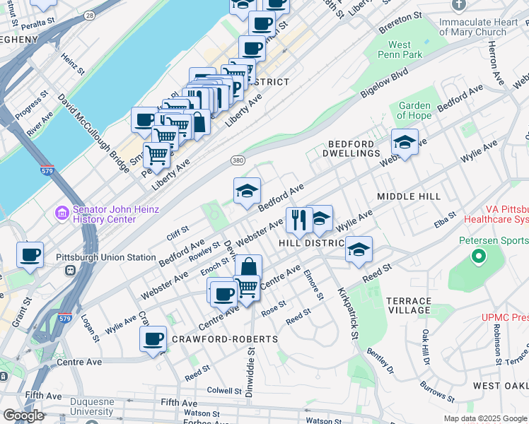 map of restaurants, bars, coffee shops, grocery stores, and more near 2124 Bedford Ave in Pittsburgh