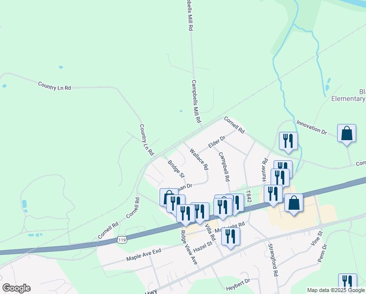 map of restaurants, bars, coffee shops, grocery stores, and more near 20 Wallace Road in Blairsville