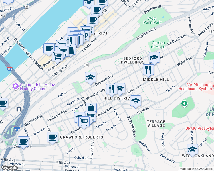 map of restaurants, bars, coffee shops, grocery stores, and more near 2167 Webster Avenue in Pittsburgh
