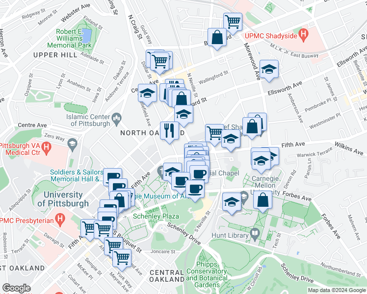 map of restaurants, bars, coffee shops, grocery stores, and more near 4535 Fifth Avenue in Pittsburgh