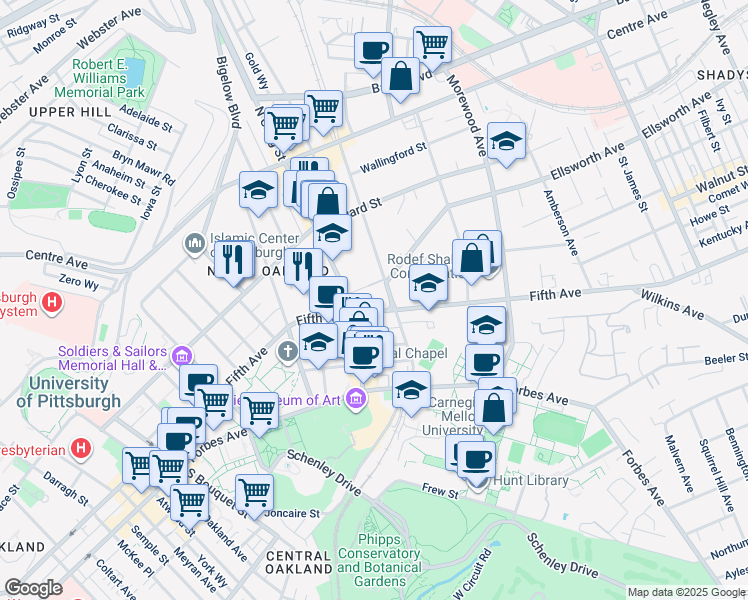 map of restaurants, bars, coffee shops, grocery stores, and more near 4625 Fifth Avenue in Pittsburgh