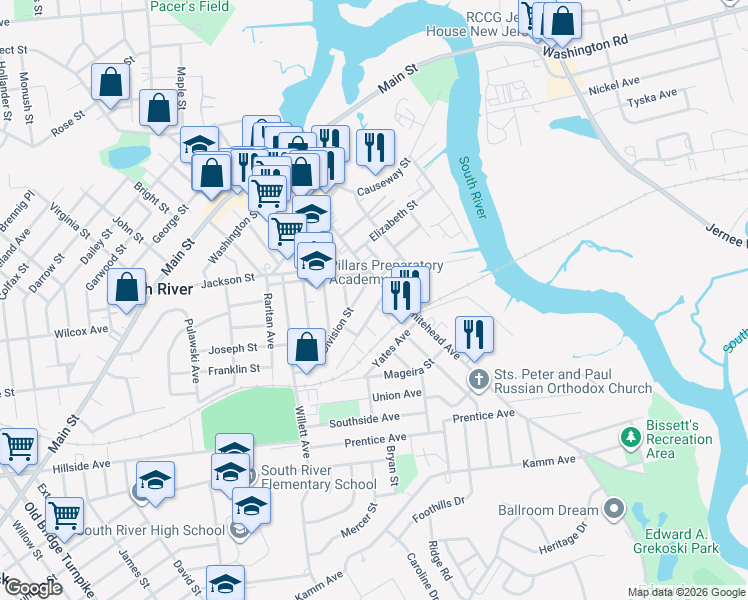 map of restaurants, bars, coffee shops, grocery stores, and more near 89 Division Street in South River