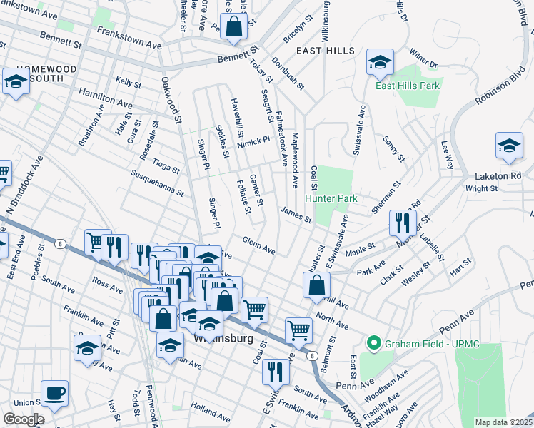 map of restaurants, bars, coffee shops, grocery stores, and more near 1440 Center Street in Pittsburgh