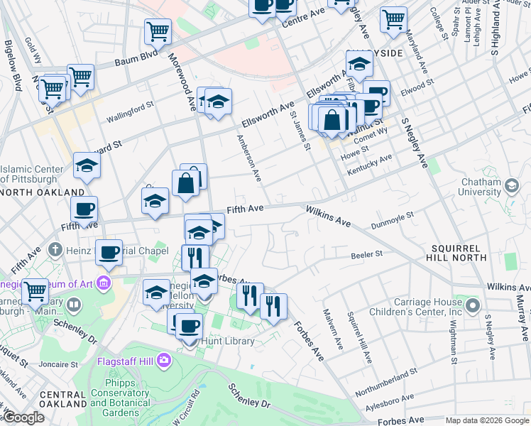 map of restaurants, bars, coffee shops, grocery stores, and more near 5100 Fifth Avenue in Pittsburgh