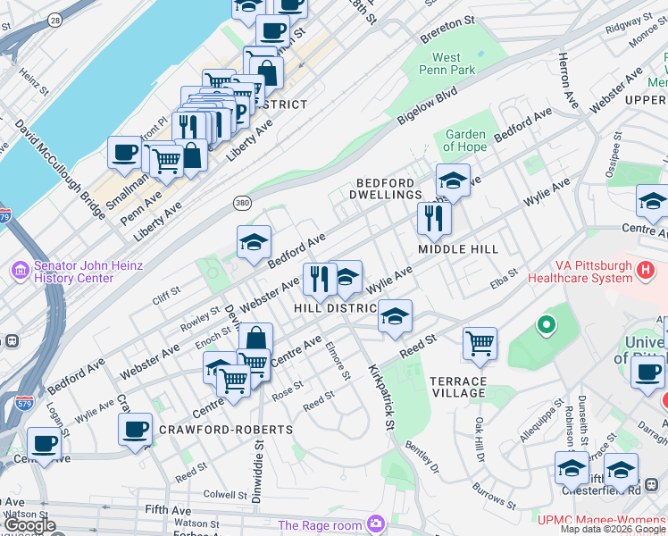 map of restaurants, bars, coffee shops, grocery stores, and more near 2220 Webster Avenue in Pittsburgh