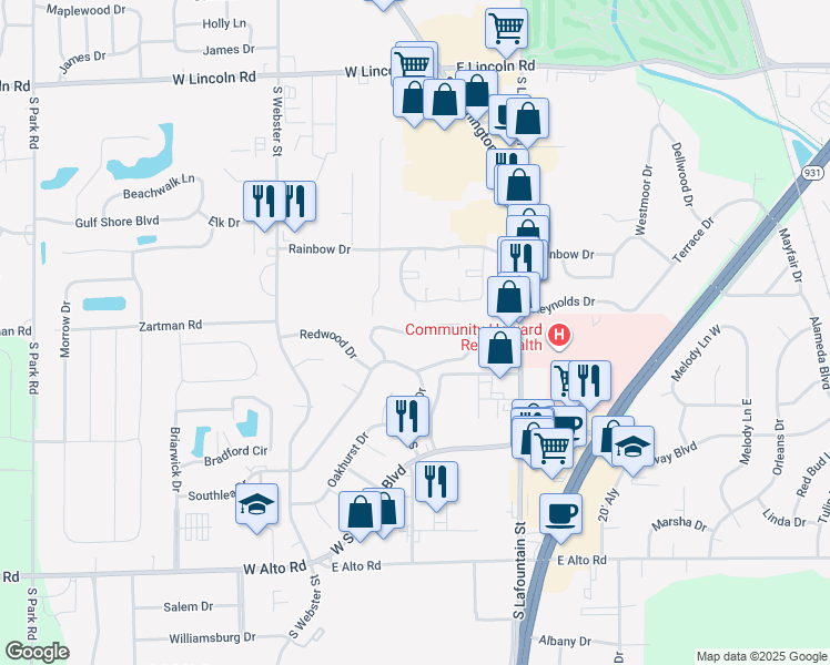 map of restaurants, bars, coffee shops, grocery stores, and more near 3143 Vinton Circle in Kokomo