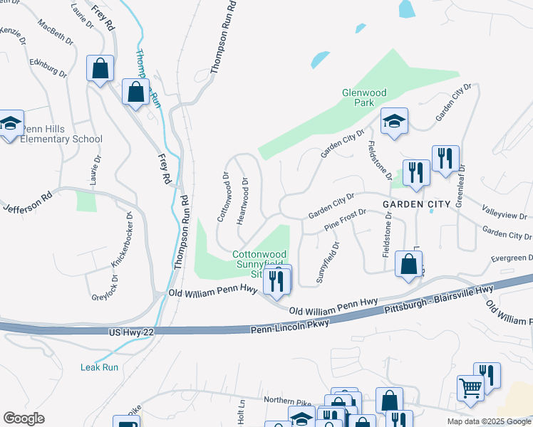 map of restaurants, bars, coffee shops, grocery stores, and more near 704 Cottonwood Drive in Monroeville