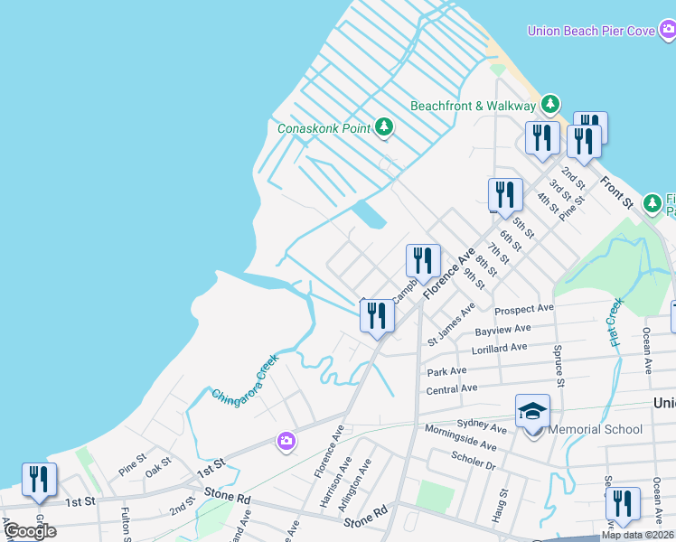map of restaurants, bars, coffee shops, grocery stores, and more near 511 Bay Avenue in Union Beach