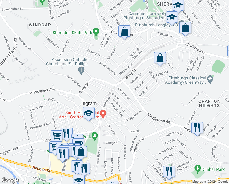 map of restaurants, bars, coffee shops, grocery stores, and more near 160 Scotia Street in Pittsburgh