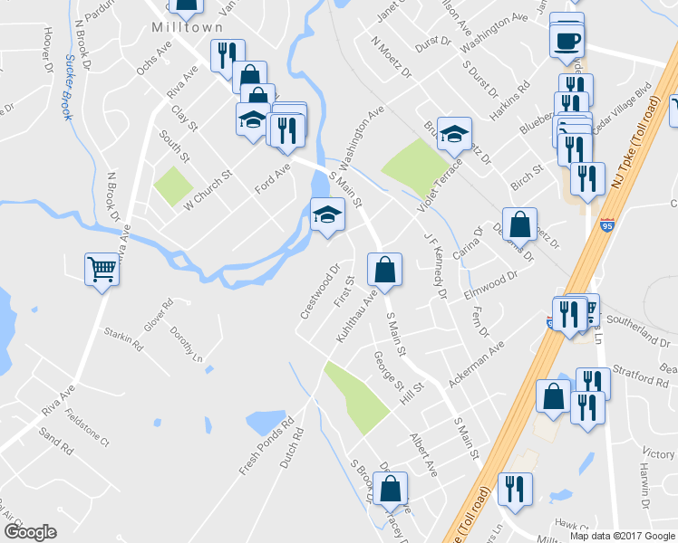 map of restaurants, bars, coffee shops, grocery stores, and more near 301 Crestwood Drive in Milltown