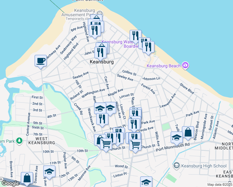 map of restaurants, bars, coffee shops, grocery stores, and more near 60 Maple Avenue in Keansburg