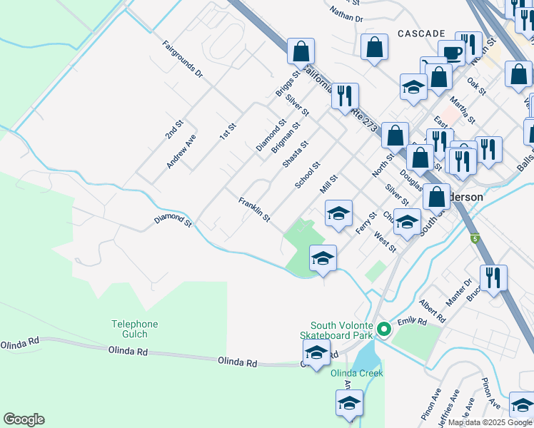 map of restaurants, bars, coffee shops, grocery stores, and more near 3200 Franklin Street in Anderson
