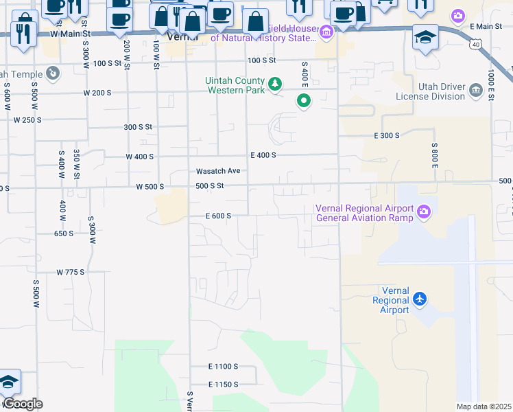 map of restaurants, bars, coffee shops, grocery stores, and more near 235 East 600 South in Vernal