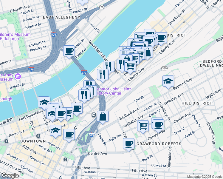 map of restaurants, bars, coffee shops, grocery stores, and more near 1400 Penn Avenue in Pittsburgh