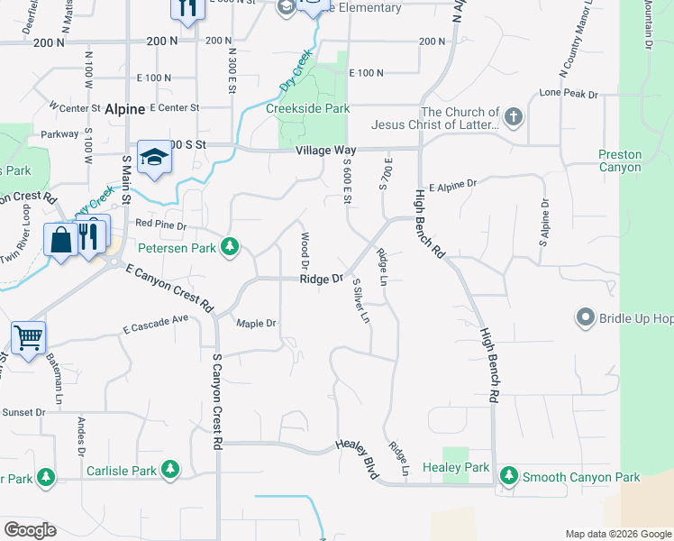 map of restaurants, bars, coffee shops, grocery stores, and more near 513 East Ridge Drive in Alpine