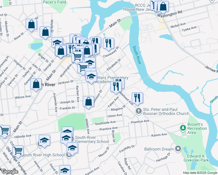 map of restaurants, bars, coffee shops, grocery stores, and more near 89 Division Street in South River