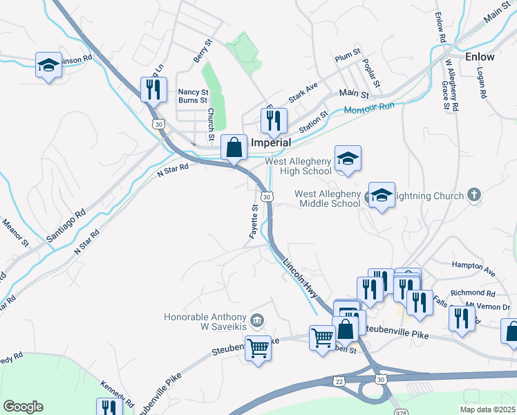 map of restaurants, bars, coffee shops, grocery stores, and more near 113 Fayette Street in Imperial
