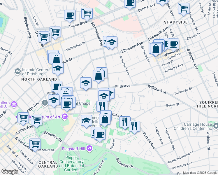 map of restaurants, bars, coffee shops, grocery stores, and more near Fifth Ave & Morewood Ave in Pittsburgh