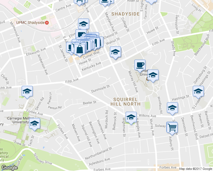 map of restaurants, bars, coffee shops, grocery stores, and more near 5525 Dunmoyle Street in Pittsburgh