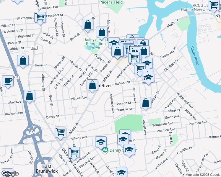 map of restaurants, bars, coffee shops, grocery stores, and more near 134 Jackson Street in South River