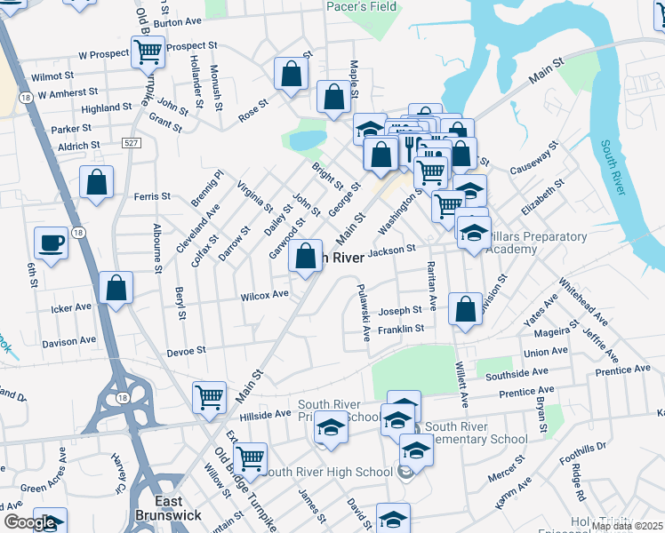 map of restaurants, bars, coffee shops, grocery stores, and more near 140 Main Street in South River