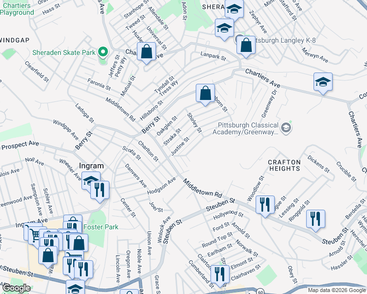 map of restaurants, bars, coffee shops, grocery stores, and more near 1409 Justine St in Pittsburgh