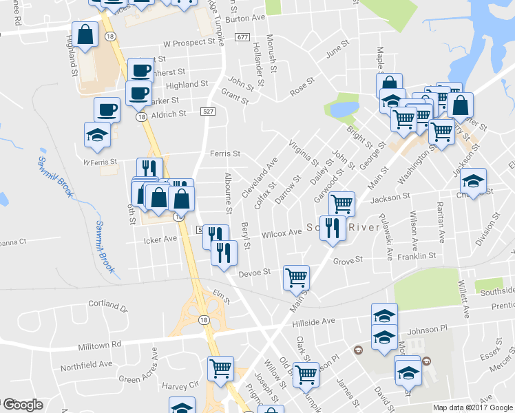 map of restaurants, bars, coffee shops, grocery stores, and more near 57 Colfax Street in South River