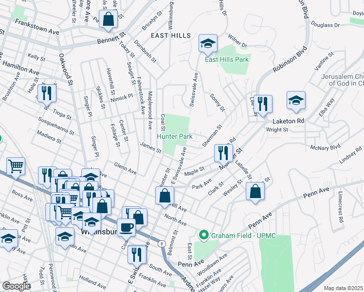 map of restaurants, bars, coffee shops, grocery stores, and more near 1715 Swissvale Ave in Pittsburgh