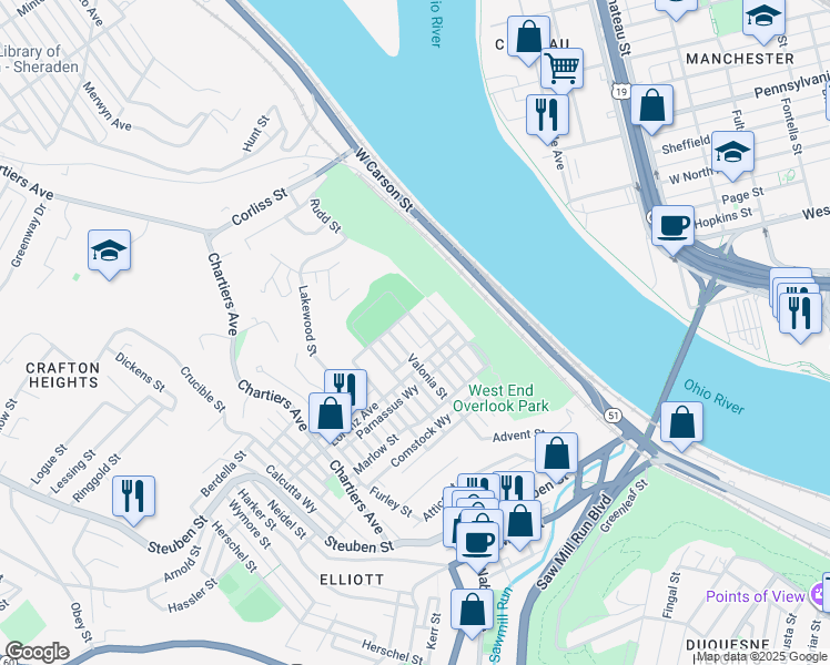 map of restaurants, bars, coffee shops, grocery stores, and more near 1027 Elkton Street in Pittsburgh