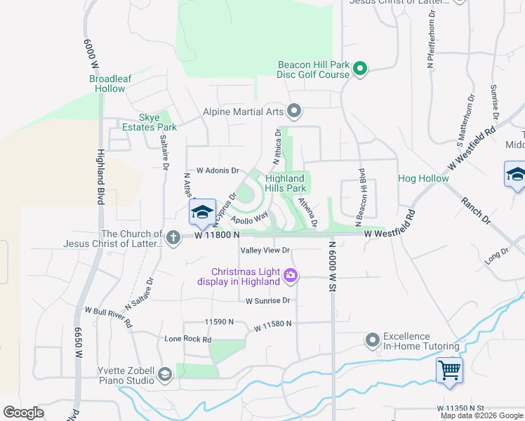 map of restaurants, bars, coffee shops, grocery stores, and more near 6207 Argo Circle in Highland