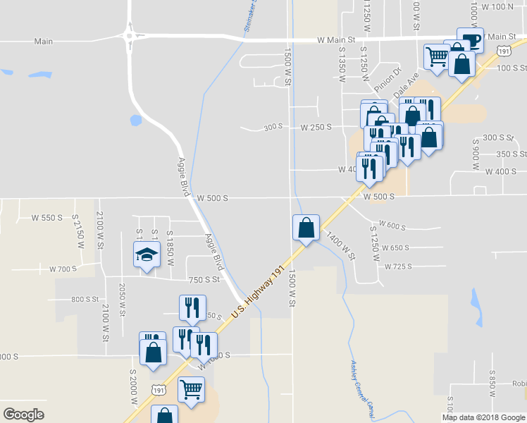 map of restaurants, bars, coffee shops, grocery stores, and more near 1590 West Partridge Drive in Vernal