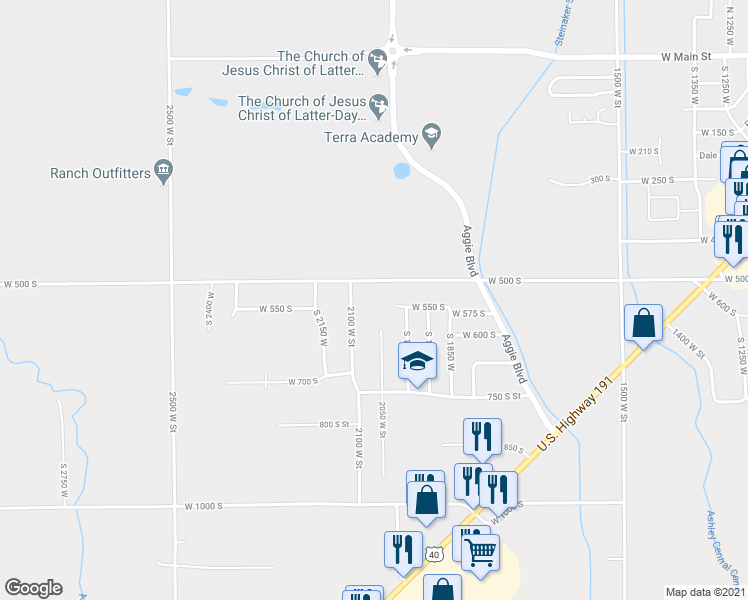 map of restaurants, bars, coffee shops, grocery stores, and more near 540 2050 West Street in Vernal