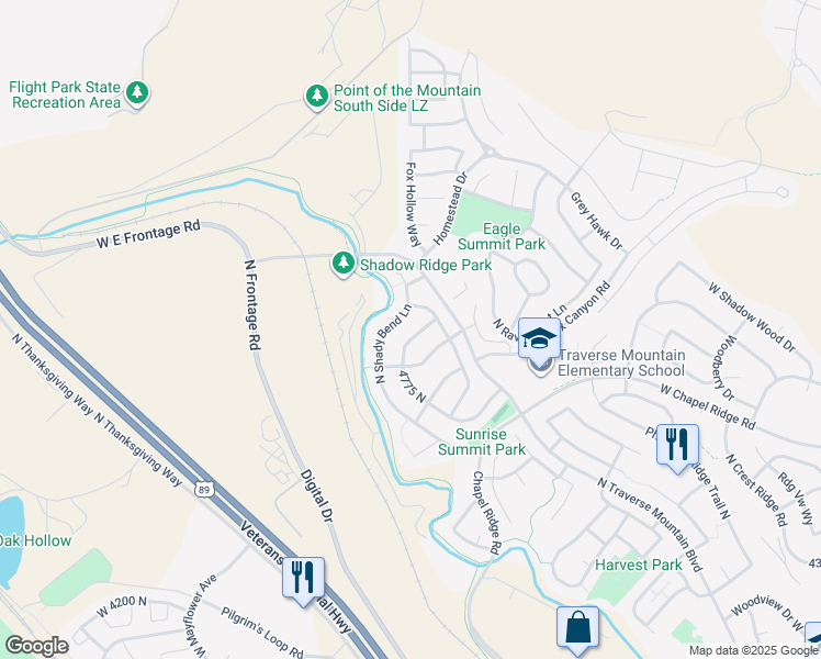 map of restaurants, bars, coffee shops, grocery stores, and more near 4863 North Shady Hollow Lane in Lehi