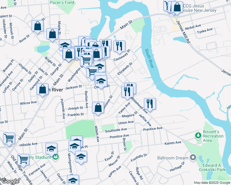 map of restaurants, bars, coffee shops, grocery stores, and more near 89 Division Street in South River