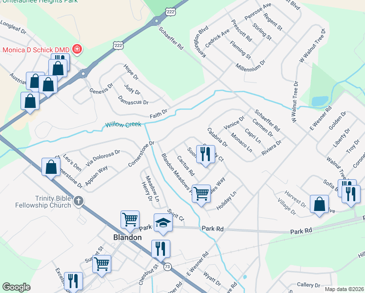 map of restaurants, bars, coffee shops, grocery stores, and more near 302 Sooner Lane in Blandon