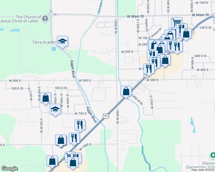 map of restaurants, bars, coffee shops, grocery stores, and more near 1574 West Partridge Drive in Vernal