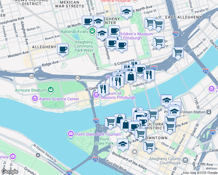 map of restaurants, bars, coffee shops, grocery stores, and more near 115 Federal Street in Pittsburgh