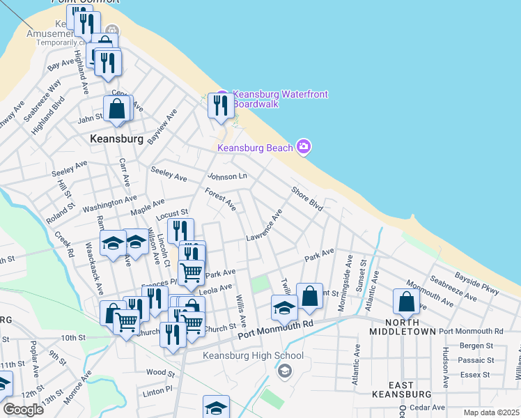 map of restaurants, bars, coffee shops, grocery stores, and more near 88 Twilight Avenue in Keansburg