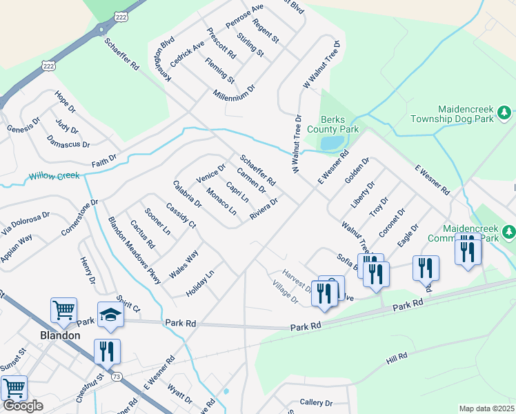 map of restaurants, bars, coffee shops, grocery stores, and more near 441 Riviera Drive in Blandon