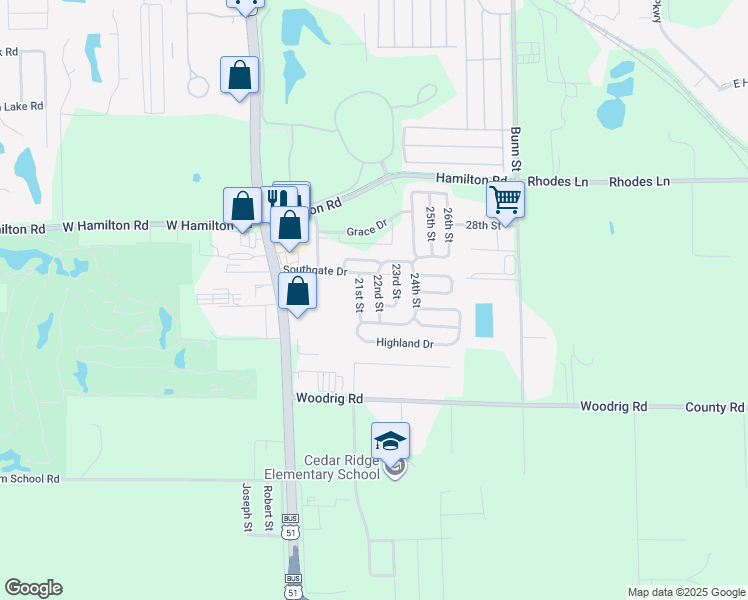 map of restaurants, bars, coffee shops, grocery stores, and more near 409 Parkland Drive in Bloomington