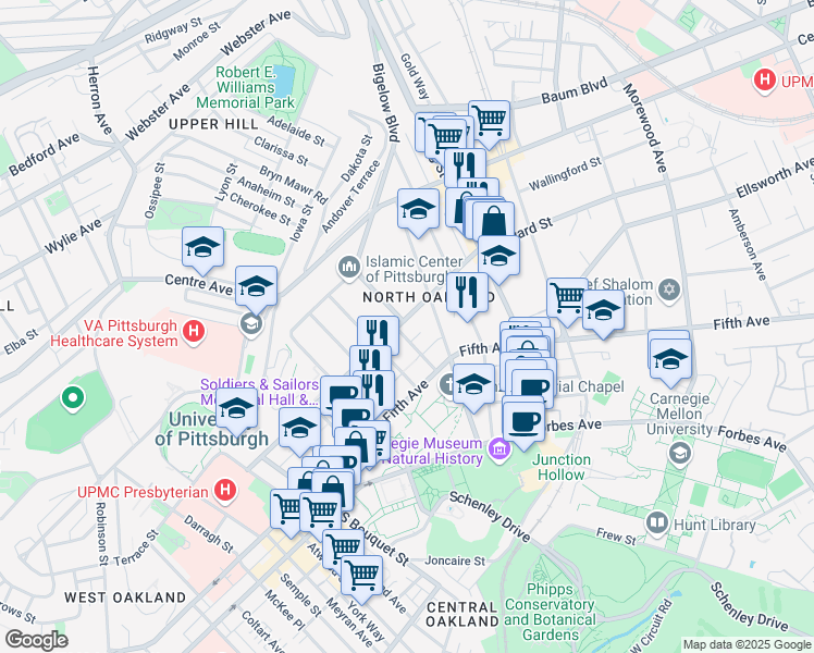 map of restaurants, bars, coffee shops, grocery stores, and more near 4420 Bayard Street in Pittsburgh