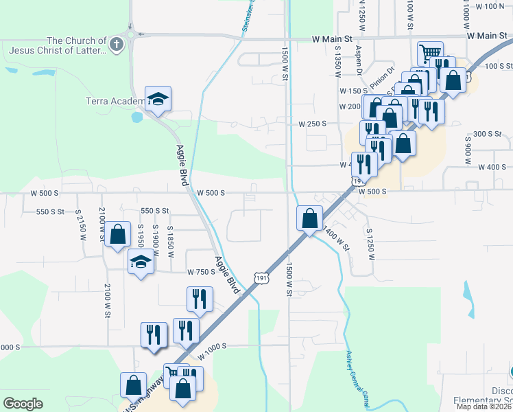 map of restaurants, bars, coffee shops, grocery stores, and more near 1574 West Partridge Drive in Vernal