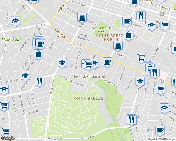map of restaurants, bars, coffee shops, grocery stores, and more near 329 South Lang Avenue in Pittsburgh