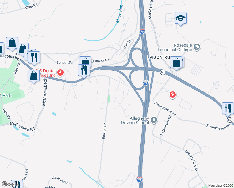 map of restaurants, bars, coffee shops, grocery stores, and more near 104 Wingate Drive in Crafton