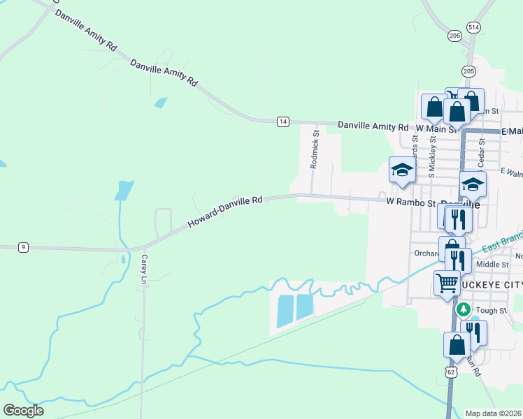 map of restaurants, bars, coffee shops, grocery stores, and more near 15460 Howard-Danville Road in Danville